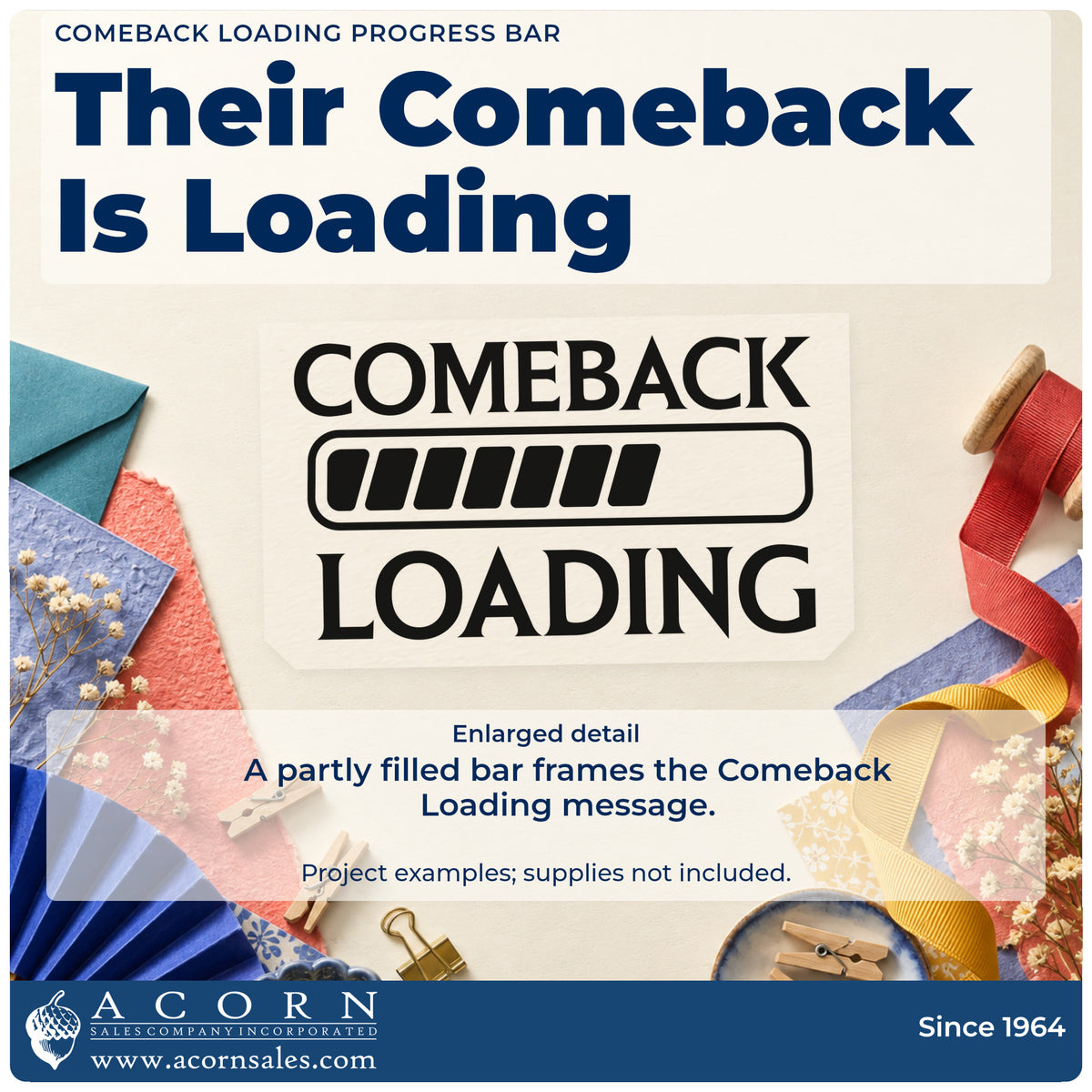 Enlarged detail of the Wood Handle Comeback Loading Progress Bar Rubber Stamp imprint. COMEBACK LOADING appears around a partly filled progress bar.