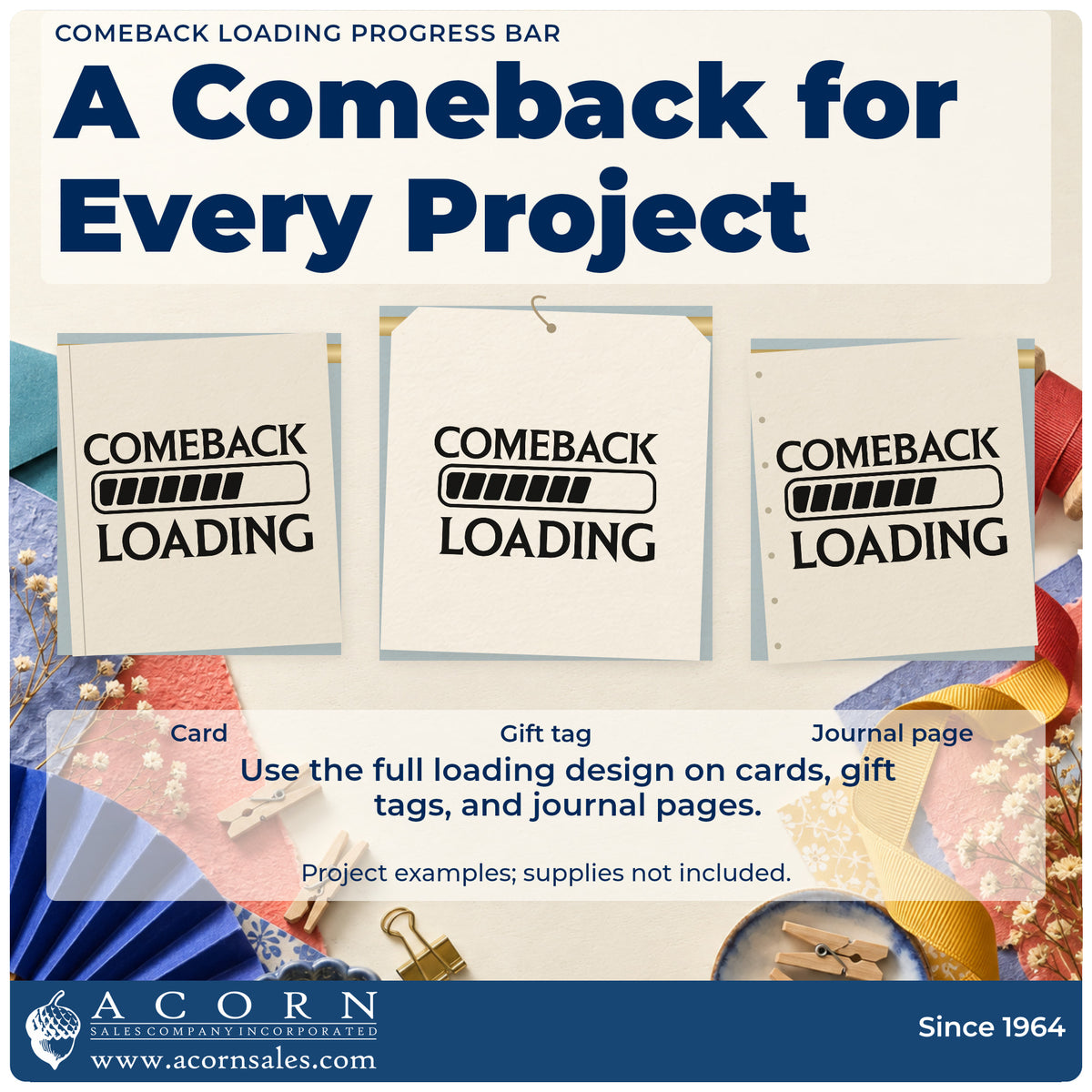 Three project examples made with the Comeback Loading Progress Bar Rubber Stamp – Duo Hand, including rank log sheet.