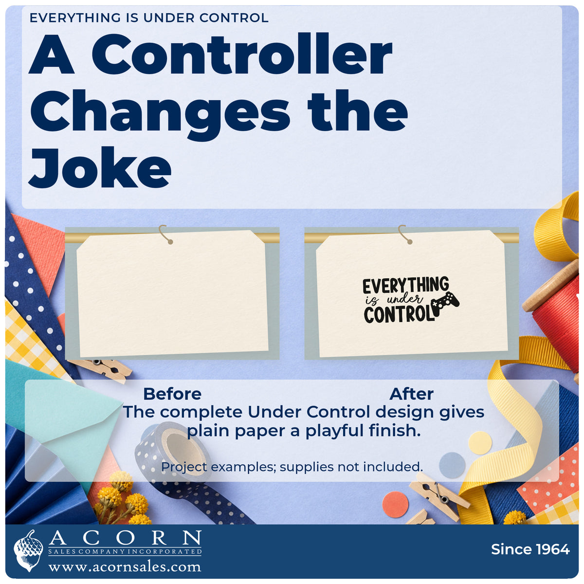 Before and after of a plain item finished with the Everything Is Under Control Game Controller Stamp – Premium Vintage Pro Wooden, a quick upgrade for framed dining wall.