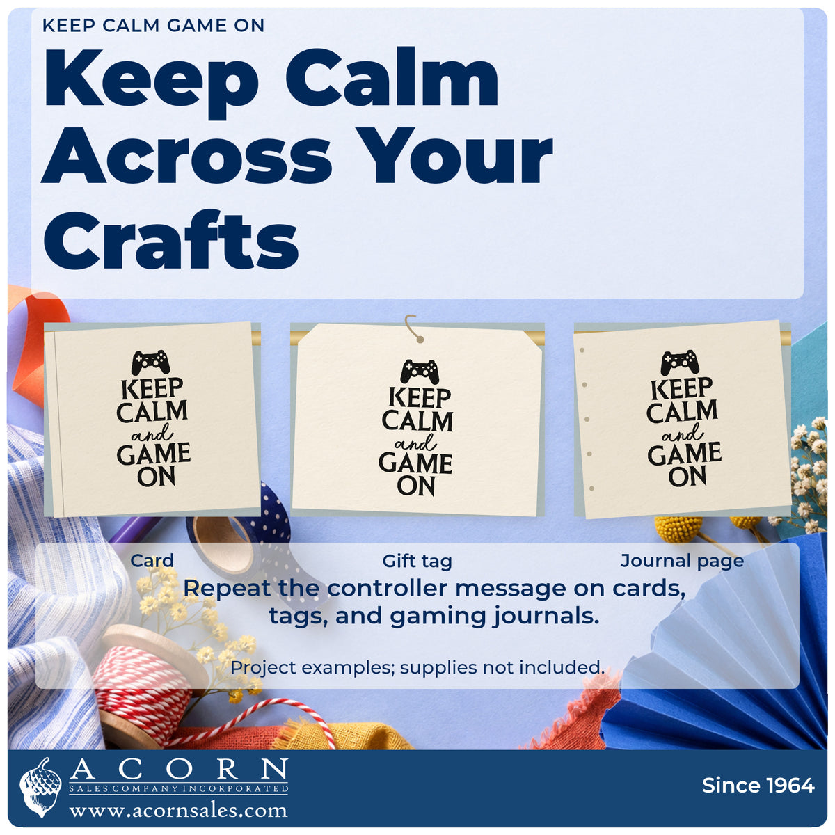 Three project examples made with the Keep Calm Game On Self-Inking Stamp, including party run sheet.