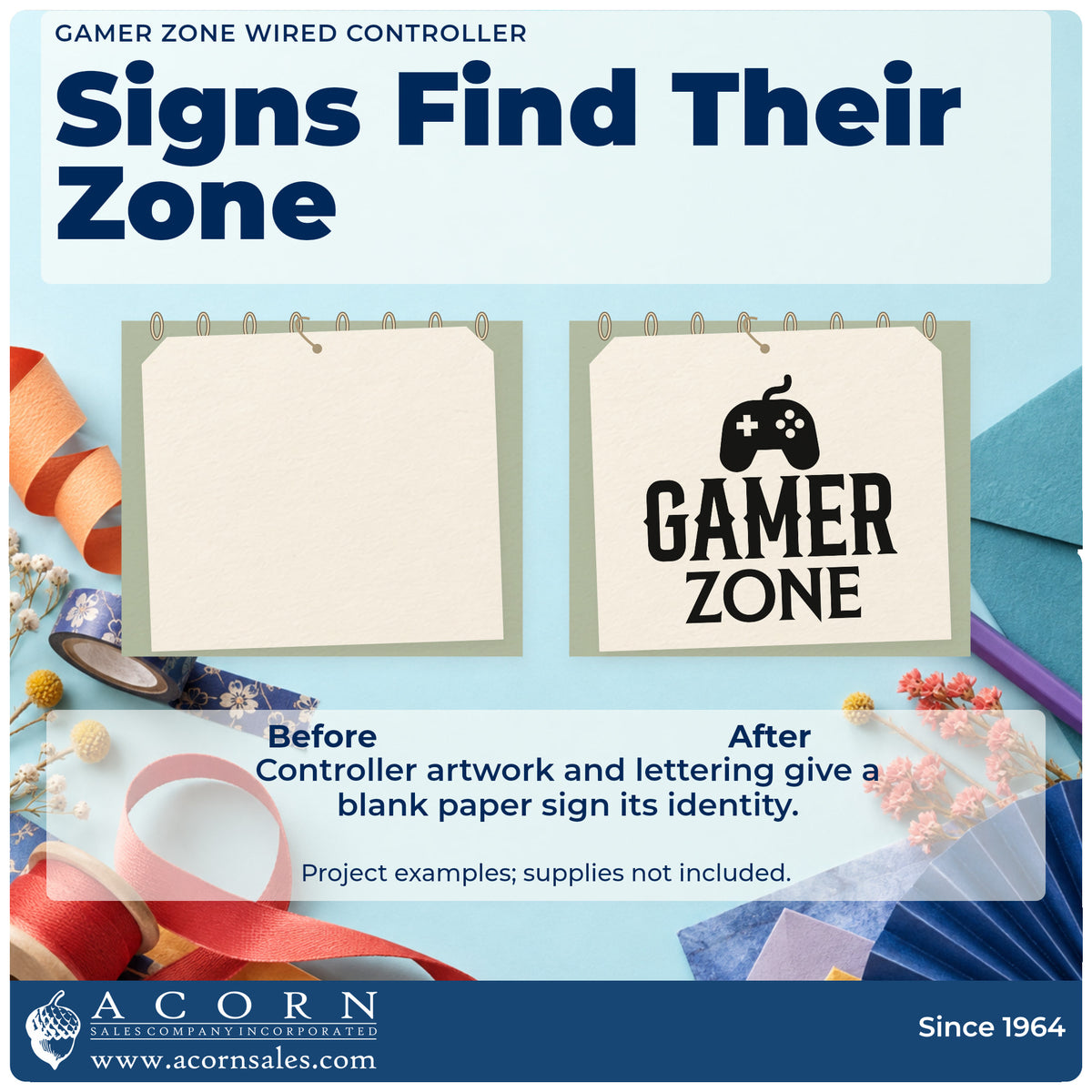 Before and after of a plain item finished with the Gamer Zone Wired Controller Self-Inking Stamp, a quick upgrade for framed basement stairs.