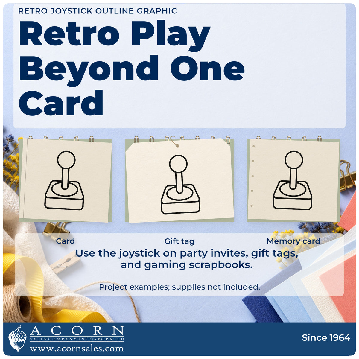 Three project examples made with the Retro Joystick Outline Wood Handle Stamp, including restore task sheet.