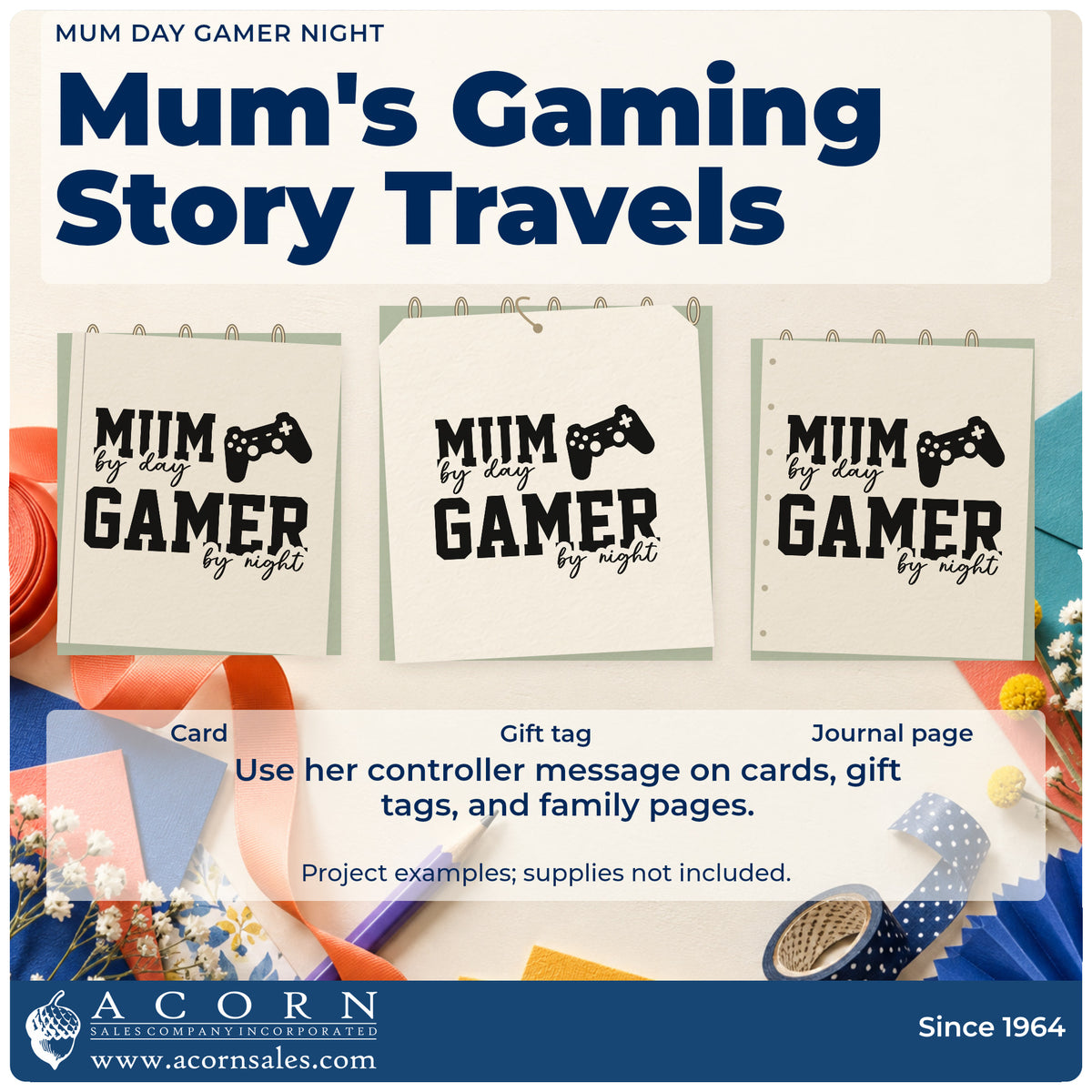 Three project examples made with the Mum By Day Gamer By Night Stamp – Premium Vintage Pro Wooden, including evening plan sheet.