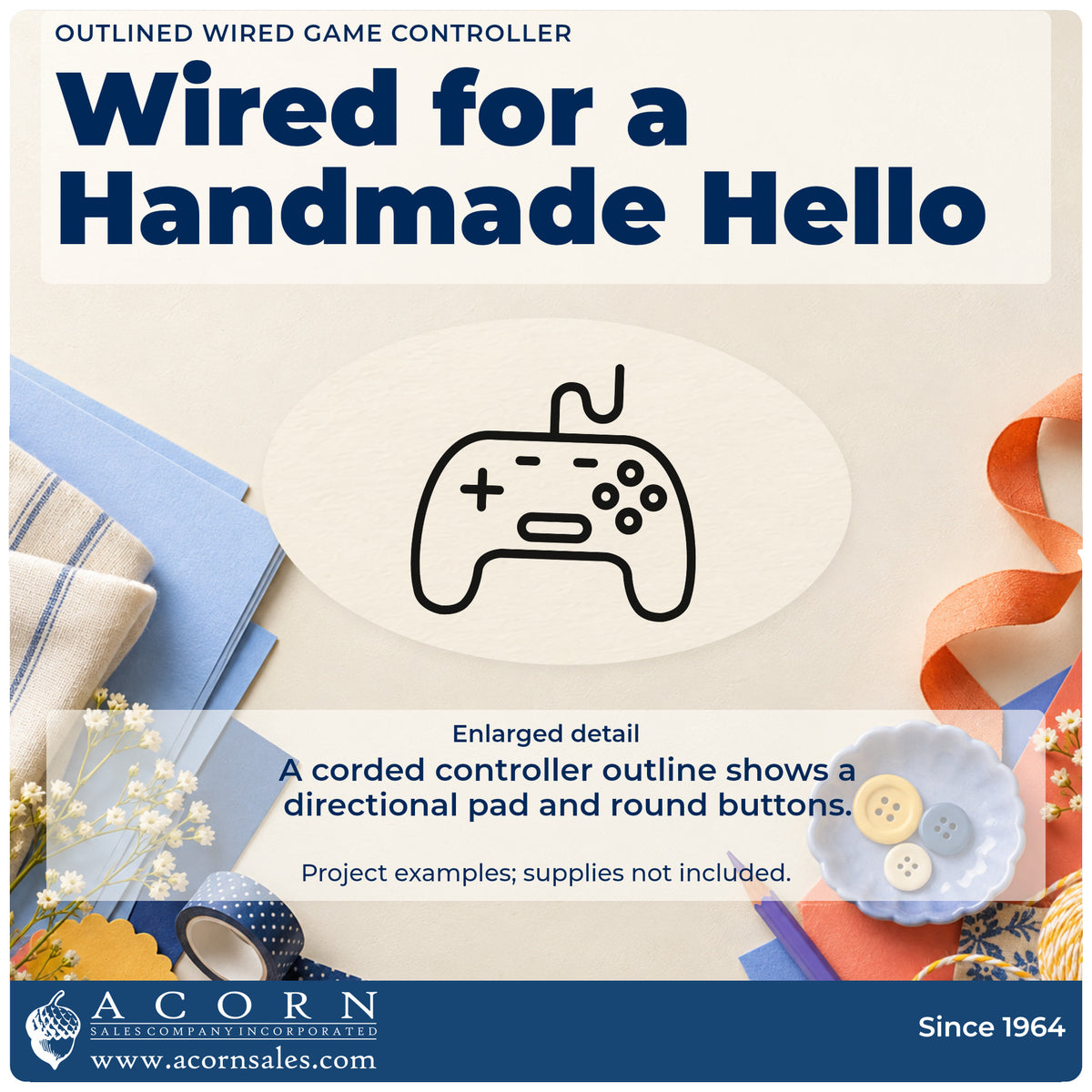 Enlarged detail of the Wired Retro Controller Line Art Pre-Inked Stamp – PSI imprint. A rounded wired controller is outlined with a directional cross and circular buttons.