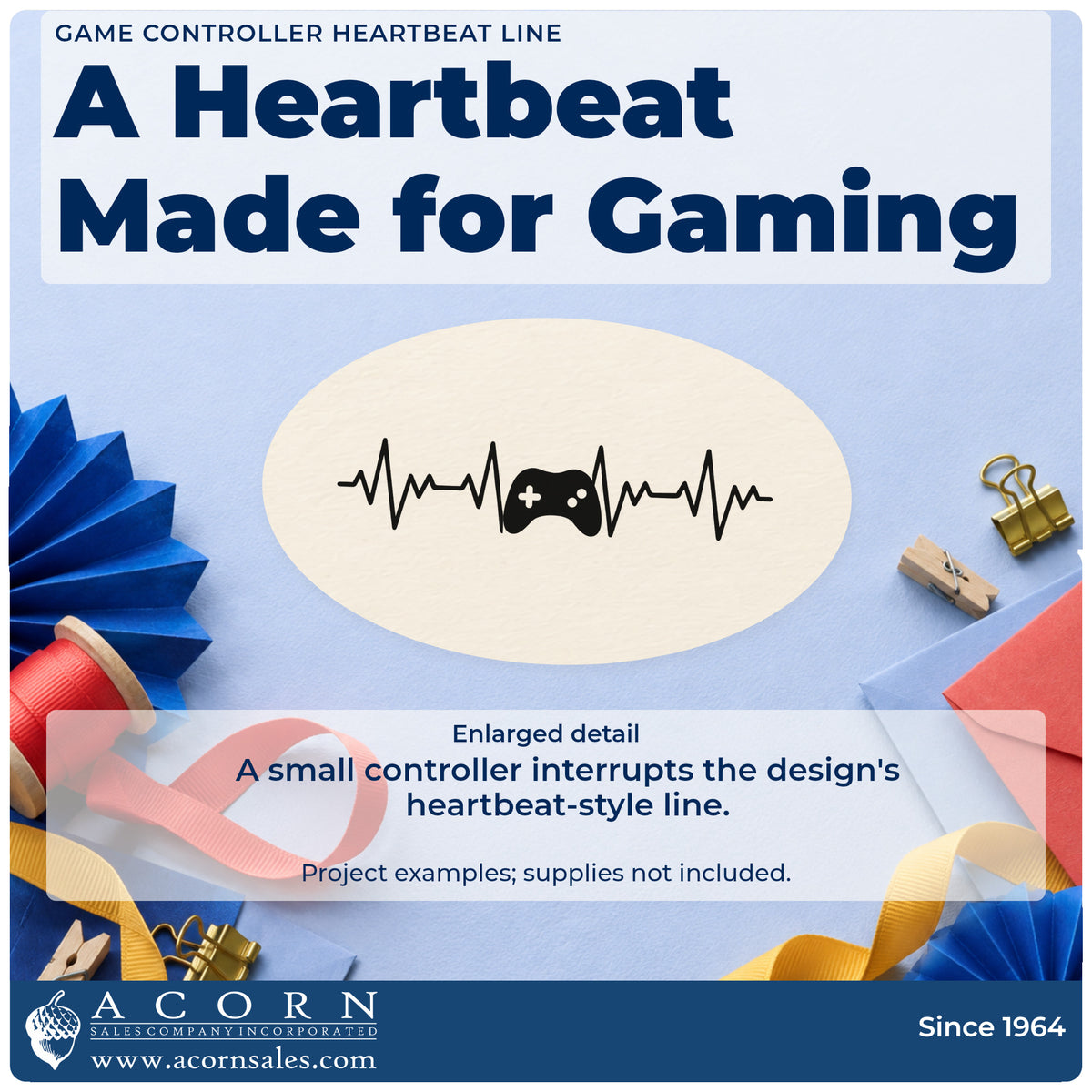 Enlarged detail of the Wood Handle Game Controller Heartbeat Line Rubber Stamp imprint. A small game controller interrupts a horizontal heartbeat zigzag.