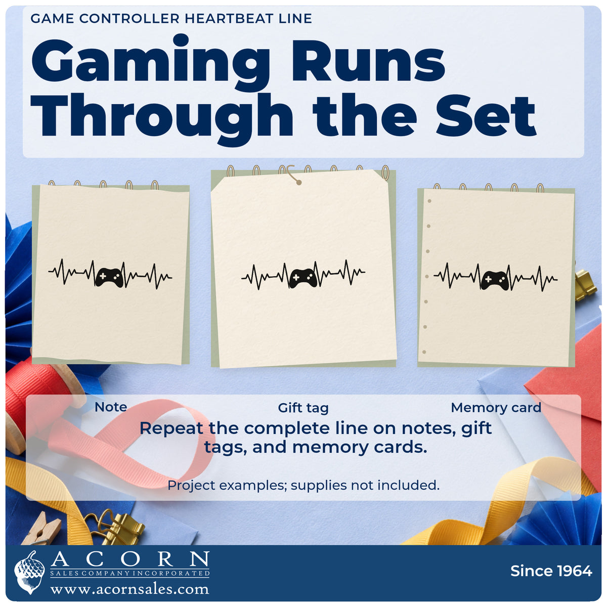 Three project examples made with the Game Controller Heartbeat Line Stamp – Self-Inking, including station book sheet.