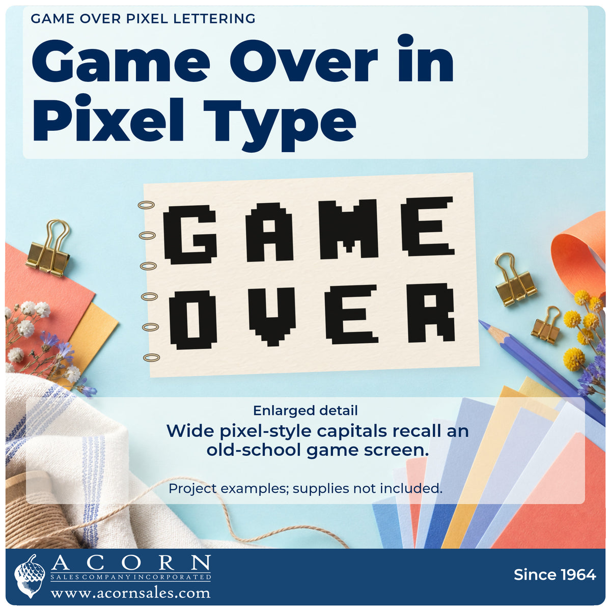 Enlarged detail of the Game Over Pixel Lettering Premium Wooden Stamp – Vintage Pro imprint. GAME OVER appears in two lines of widely spaced pixel-style capitals.