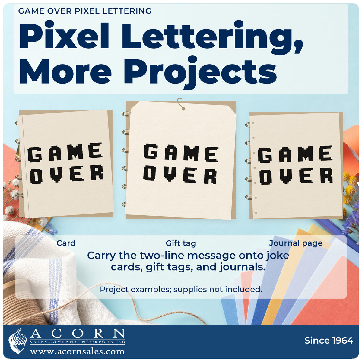 Three project examples made with the Game Over Pixel Lettering Self-Inking Stamp, including final bracket sheet.