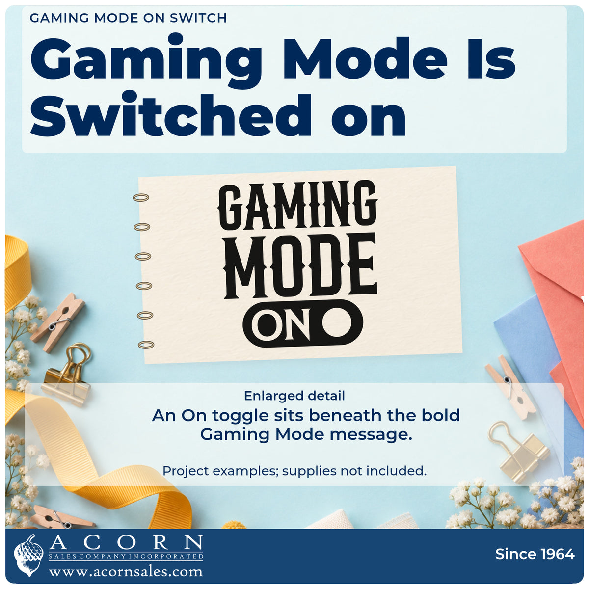 Enlarged detail of the Gaming Mode Toggle Switch Slim Pre-Inked Stamp imprint. GAMING MODE appears above an ON toggle switch.