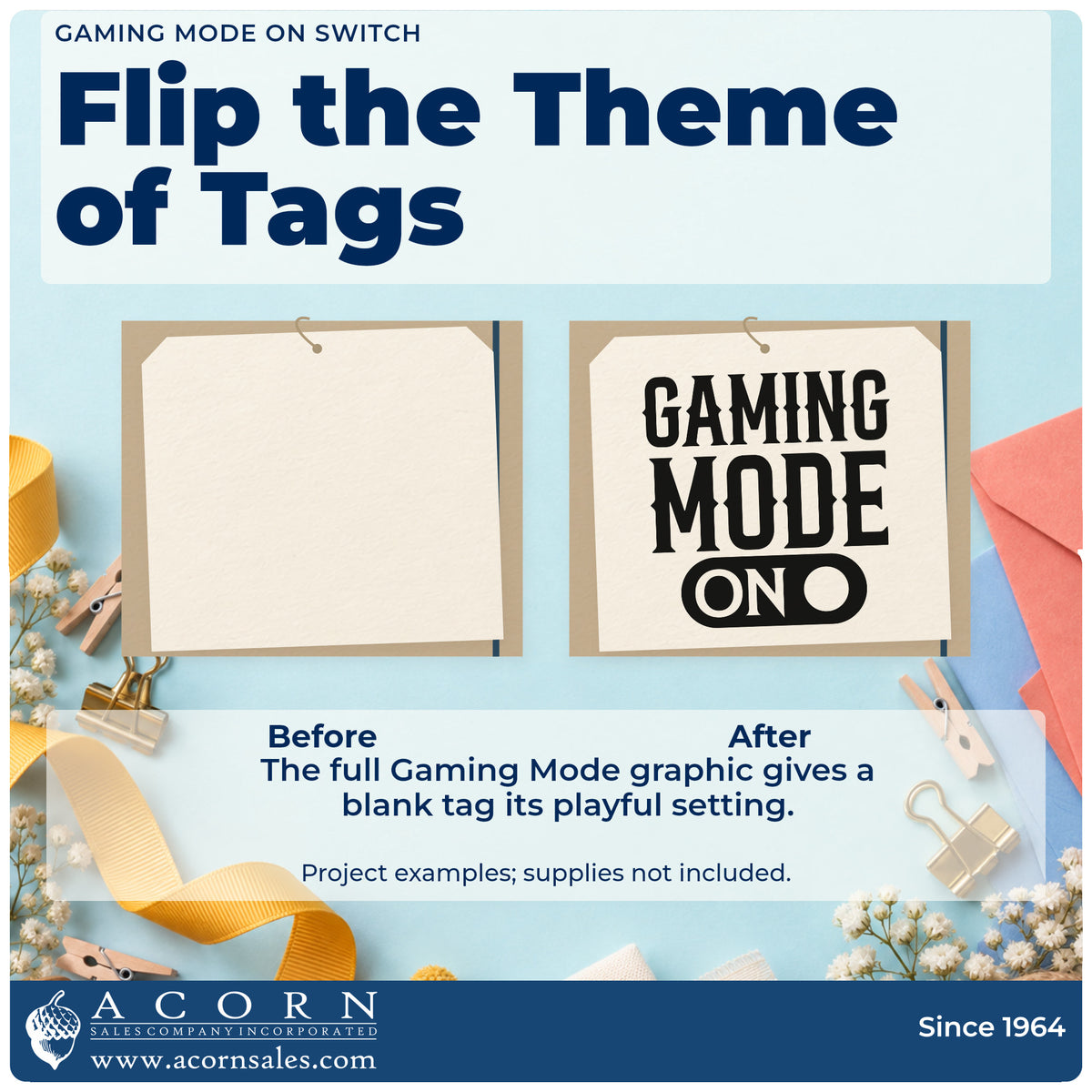 Before and after of a plain item finished with the Gaming Mode Toggle Switch Slim Pre-Inked Stamp, a quick upgrade for framed office corner.