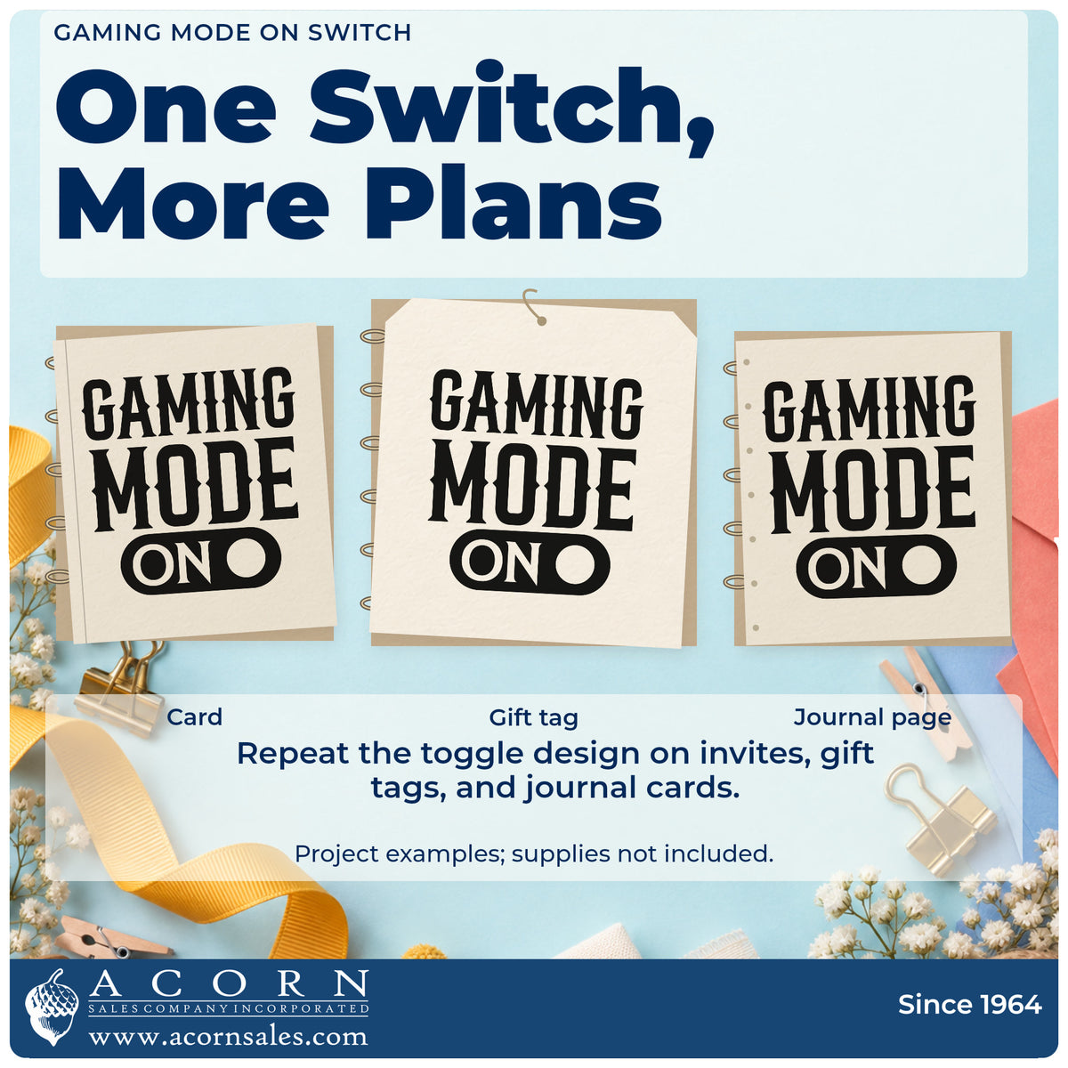 Three project examples made with the Gaming Mode Toggle Switch Pre-Inked Stamp – PSI, including change over sheet.