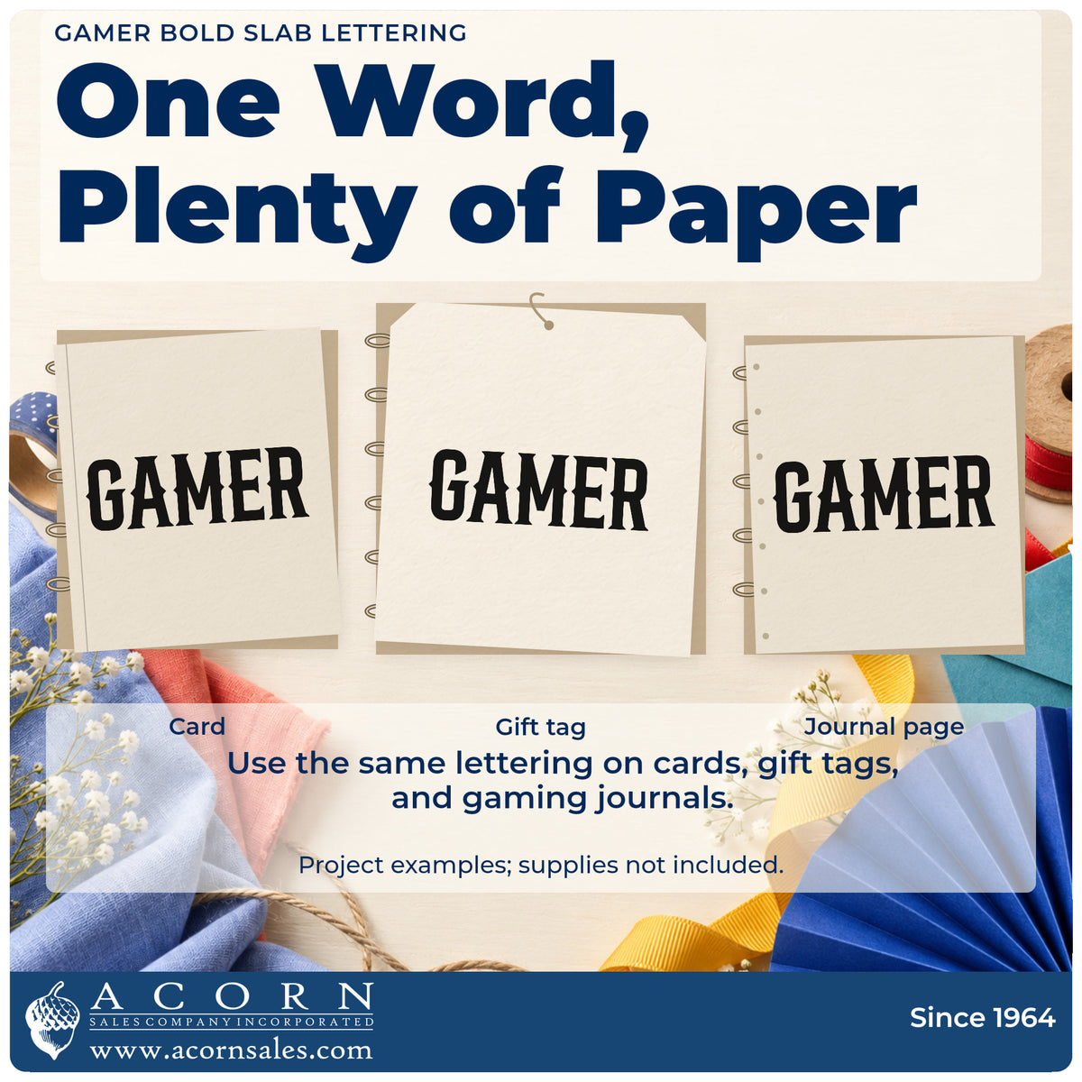 Three project examples made with the Gamer Bold Slab Word Art Rubber Stamp – Wood Handle, including print run sheet.