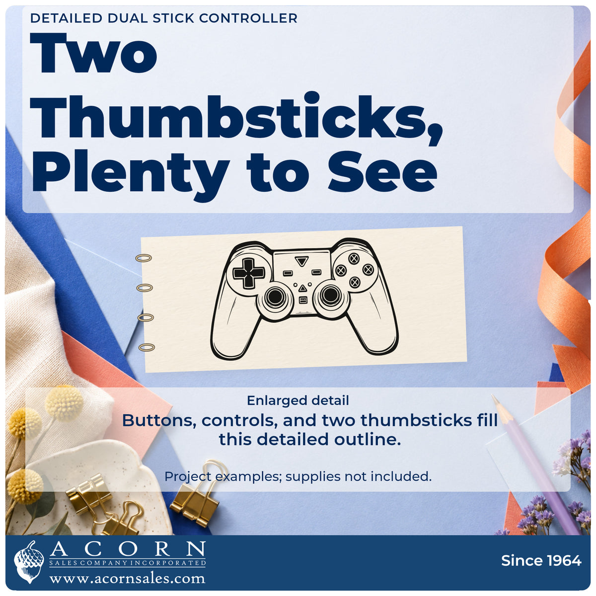 Enlarged detail of the Dual Thumbstick Controller Linework Compact Pre-Inked Stamp – Slim imprint. A detailed outlined game controller shows two thumbsticks, directional controls, and four symbol buttons.