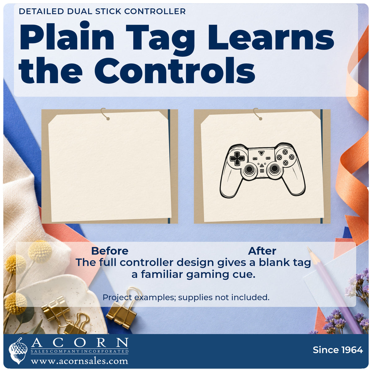 Before and after of a plain item finished with the Dual Thumbstick Controller Linework Compact Pre-Inked Stamp – Slim, a quick upgrade for framed work bench.