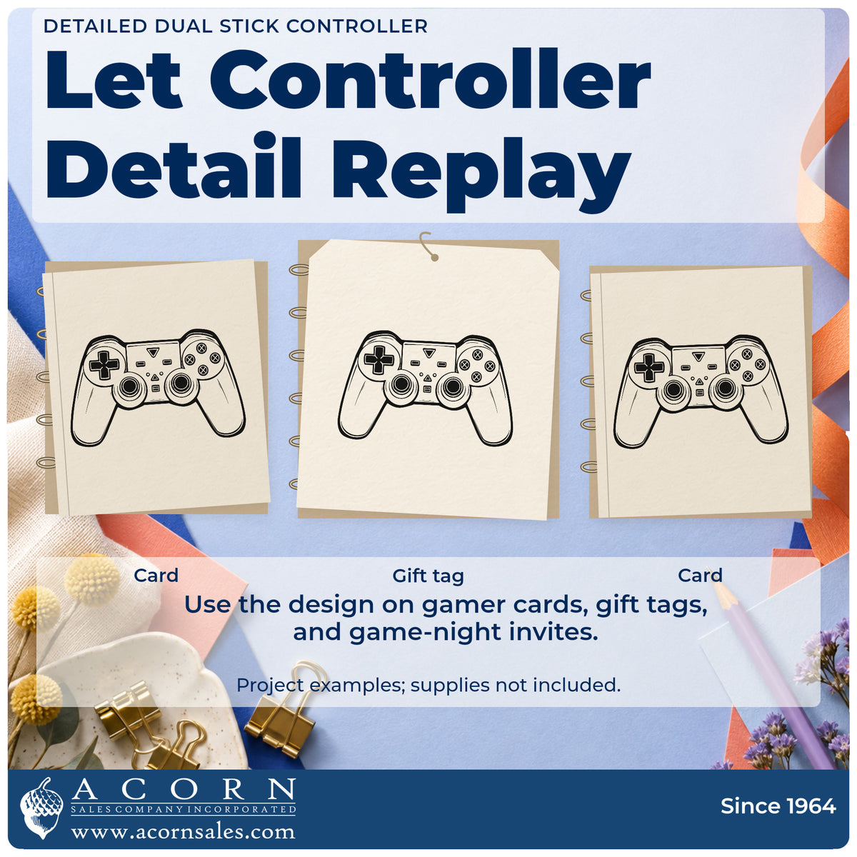 Three project examples made with the Dual Thumbstick Controller Linework Rubber Stamp – Duo Hand, including job queue sheet.