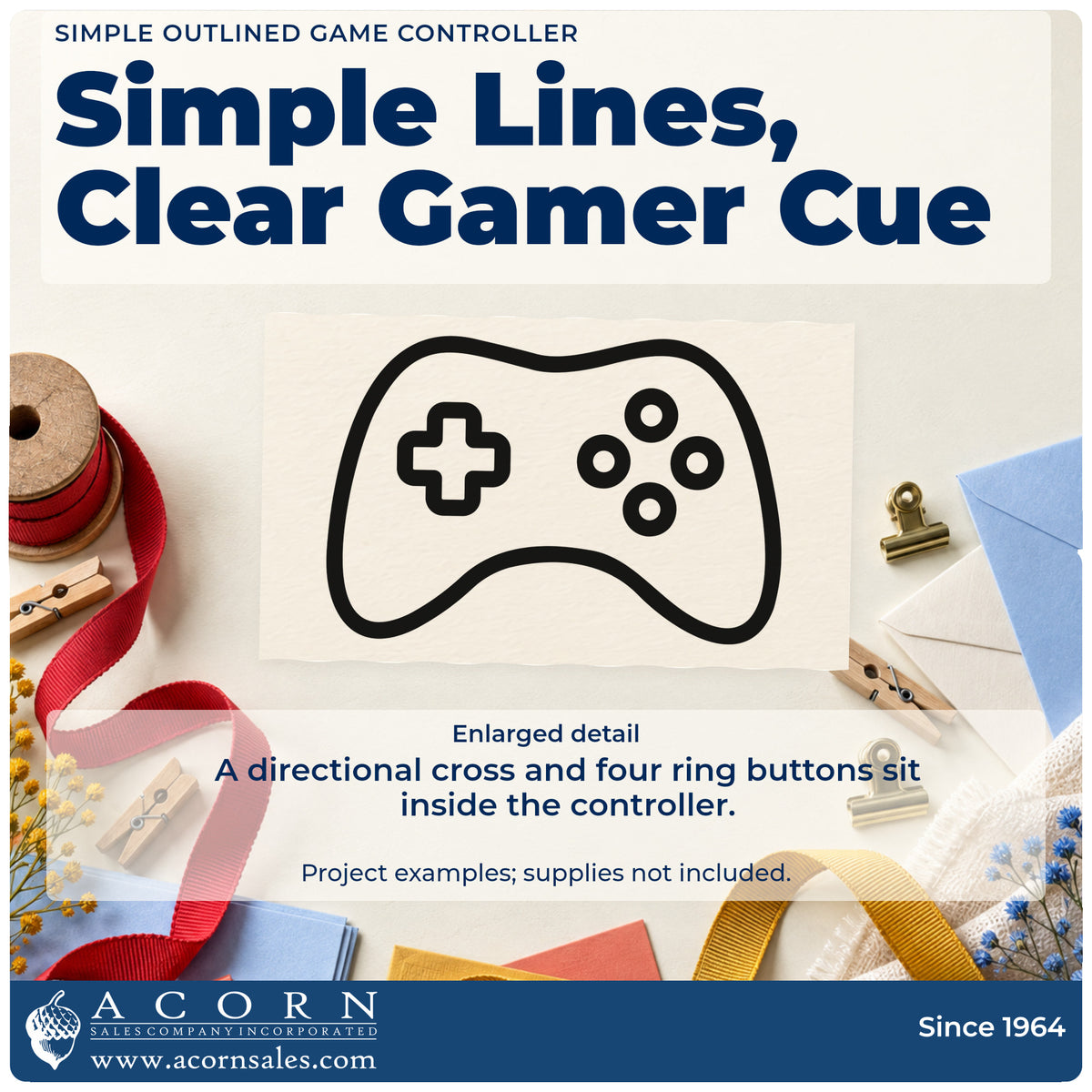 Enlarged detail of the Slim Pre-Inked Ring Button Controller Outline Stamp imprint. A rounded controller outline contains a directional cross and four ring-shaped buttons.