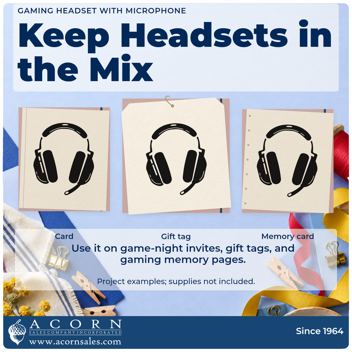 Three project examples made with the Premium Wooden Padded Gamer Headset With Mic Stamp – Vintage Pro, including scrim plan sheet.