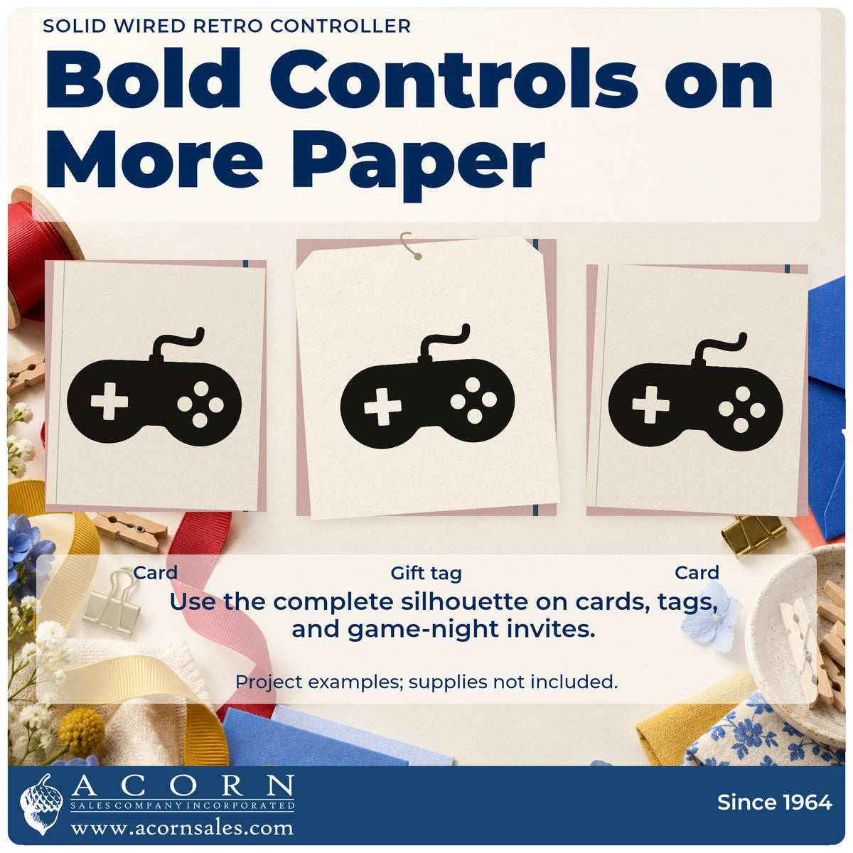 Three project examples made with the Wired Retro Controller Silhouette Premium Wooden Stamp – Vintage Pro, including return record sheet.