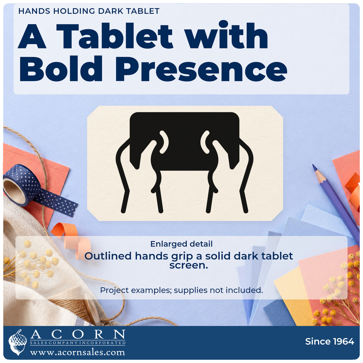 Enlarged detail of the Hands Holding A Solid Tablet Outline Detail Premium Wooden Stamp – Vintage Pro imprint. Two outlined hands grip a solid dark tablet horizontally.