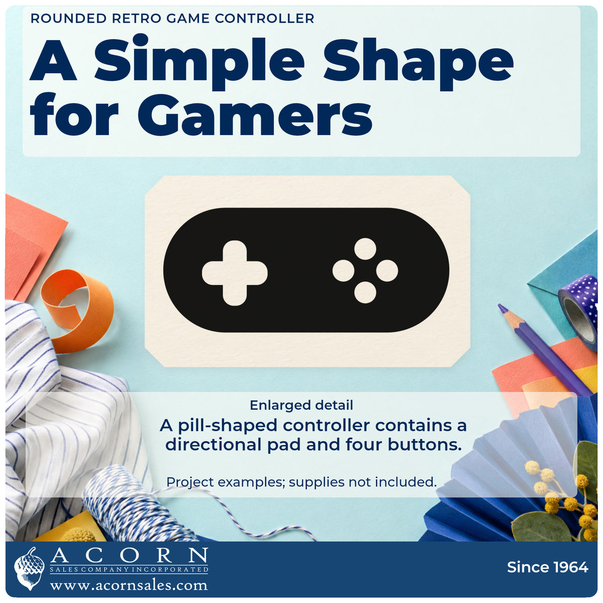 Enlarged detail of the Pill-Shaped Controller Button Silhouette Pre-Inked Stamp – PSI imprint. A solid horizontal pill-shaped controller contains a negative-space cross and four buttons.