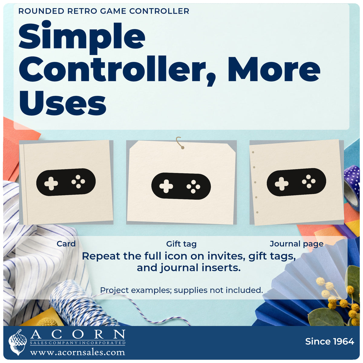 Three project examples made with the Pill-Shaped Controller Button Silhouette Slim Pre-Inked Stamp, including machine rota sheet.
