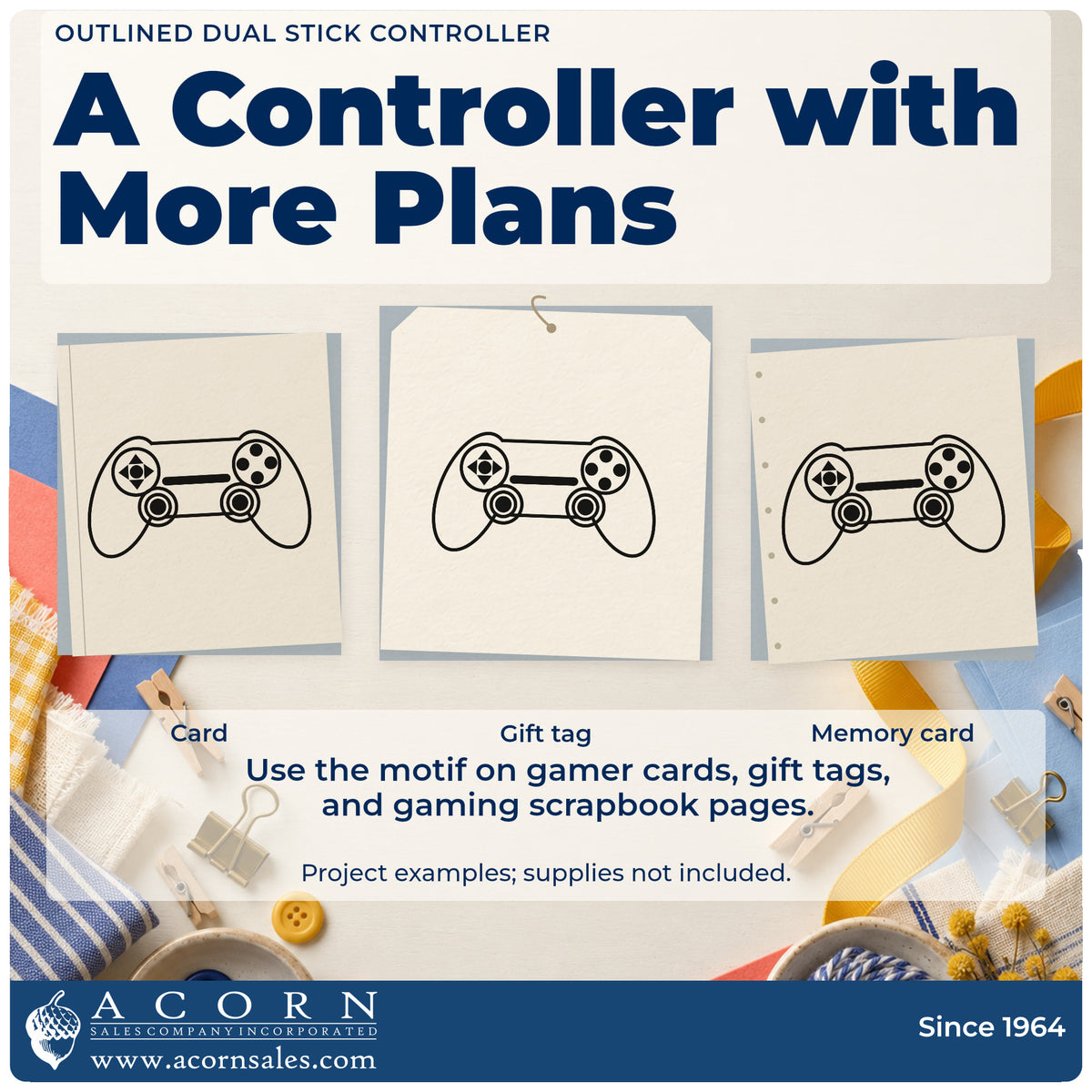 Three project examples made with the Outlined Dual Stick Controller Pre-Inked Stamp – Slim, including milestone plan sheet.