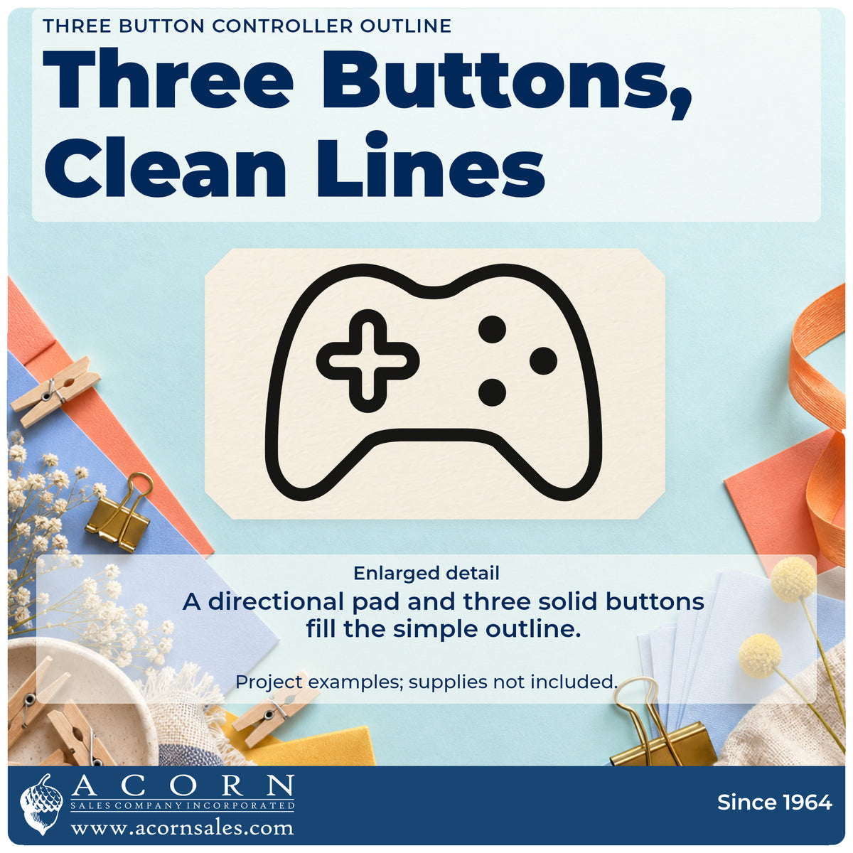 Enlarged detail of the Three Button Controller Outline Rubber Stamp – Duo Hand imprint. A simple outlined controller contains a directional cross and three solid buttons.