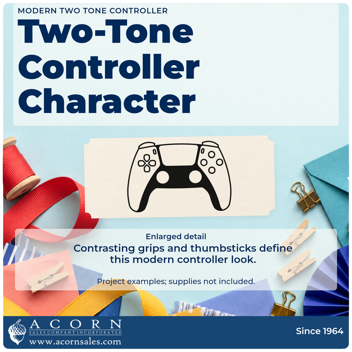 Enlarged detail of the PSI Pre-Inked Shaded Game Controller Stamp imprint. A modern controller has a negative-space upper face, dark lower grips, thumbsticks, and small buttons.