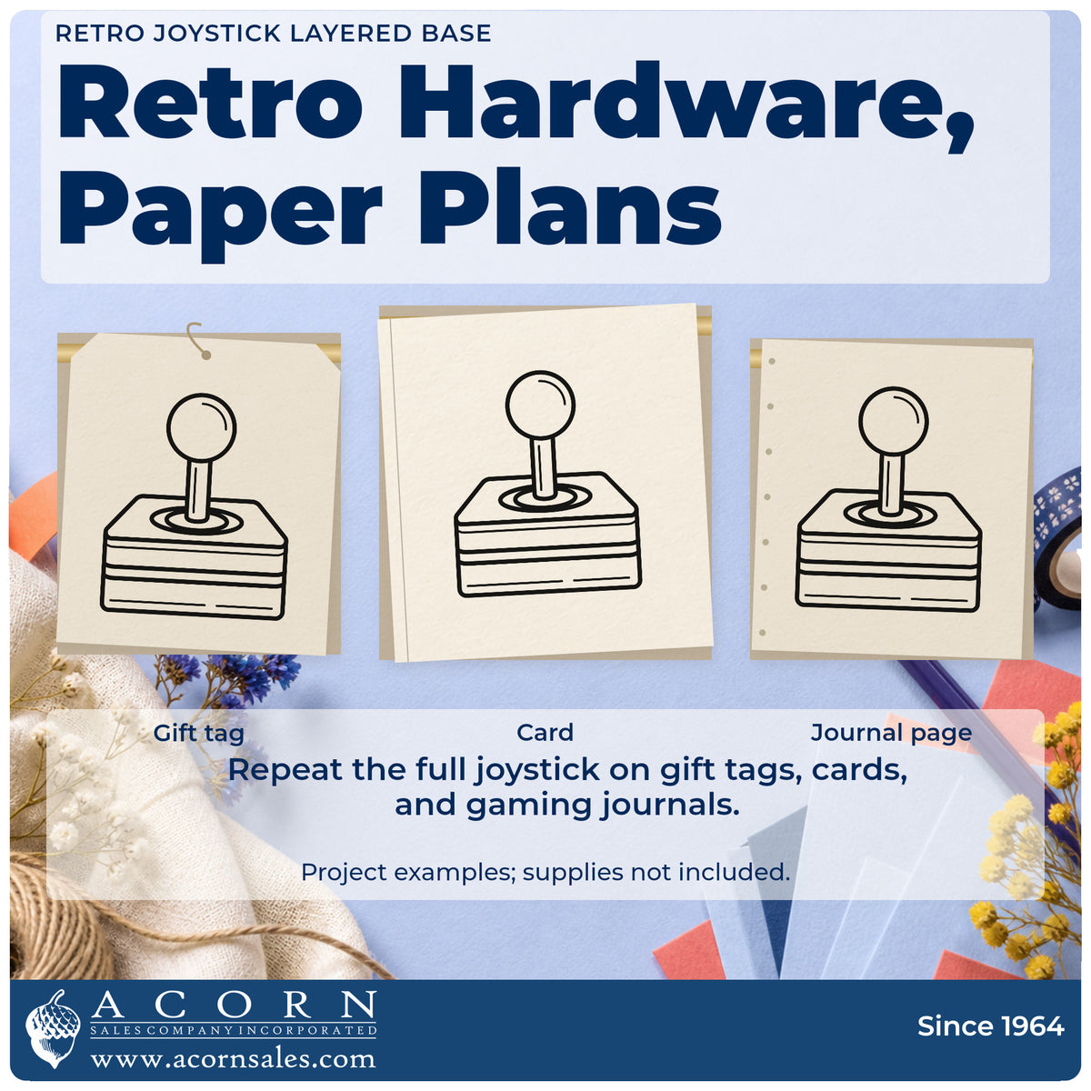Three project examples made with the Retro Joystick Layered Base Pre-Inked Stamp – PSI, including build stage sheet.