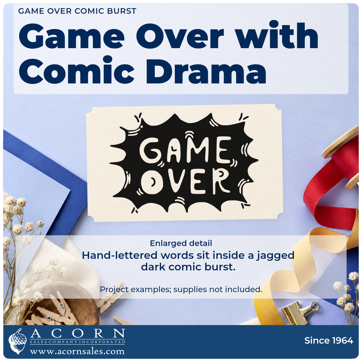 Enlarged detail of the Game Over Comic Burst Lettering Rubber Stamp – Duo Hand imprint. GAME OVER appears in negative-space hand lettering inside a jagged dark comic burst.