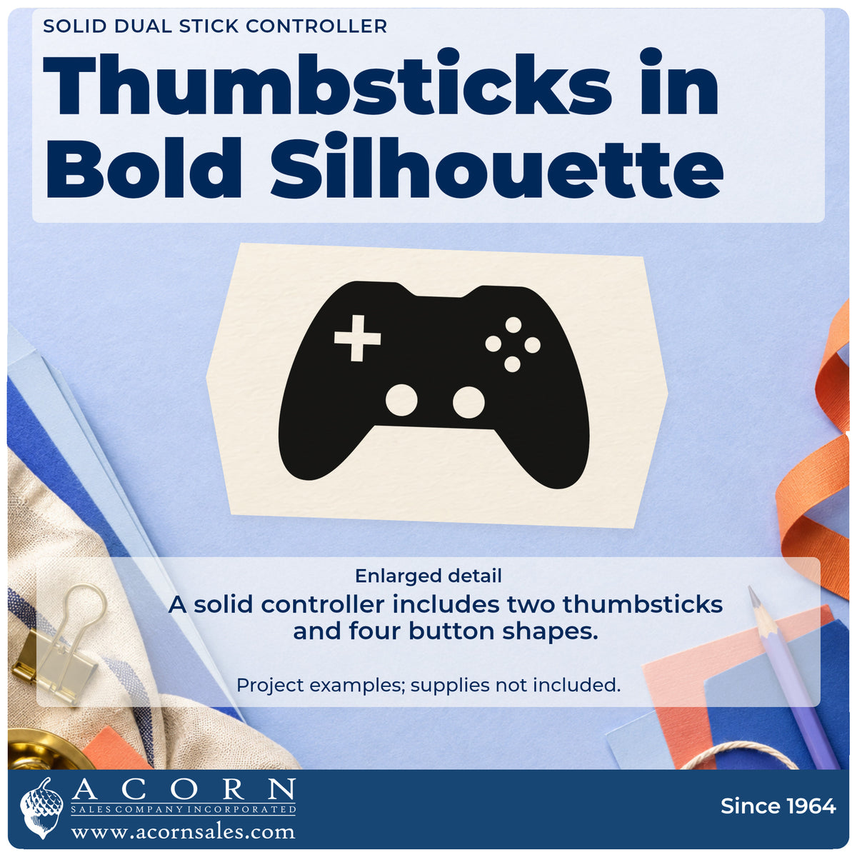 Enlarged detail of the Dual Thumbstick Controller Silhouette Stamp – PSI Pre-Inked imprint. A solid controller has a negative-space directional cross, four buttons, and two circular thumbsticks.