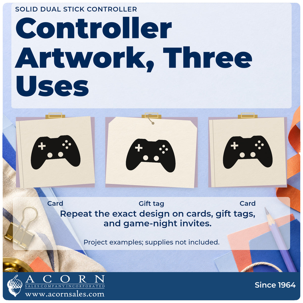 Three project examples made with the Dual Thumbstick Controller Silhouette Slim Pre-Inked Stamp, including station setup sheet.