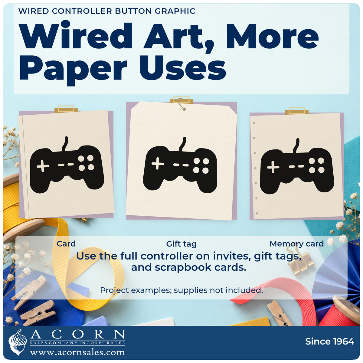 Three project examples made with the Wired Controller Button Stamp – Self-Inking, including donation log sheet.