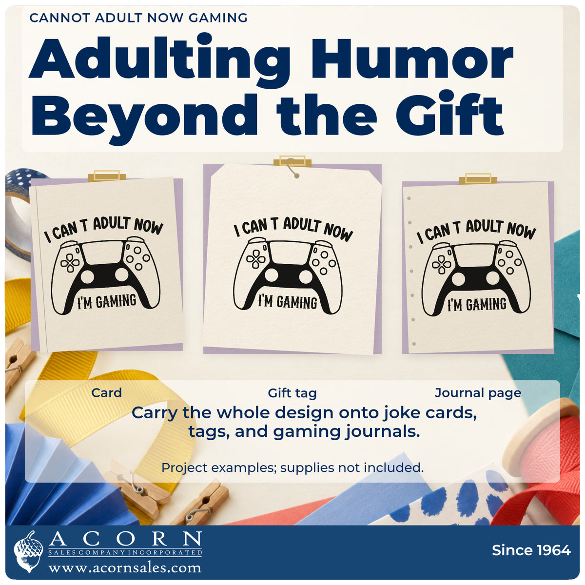 Three project examples made with the Cannot Adult Now Gaming Game Controller Pre-Inked Stamp – Slim, including setup task sheet.