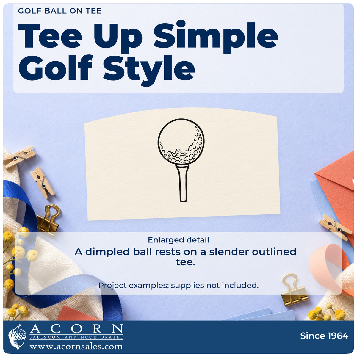 Enlarged detail of the Golf Ball On A Slender Tee Pre-Inked Stamp – PSI imprint. A dimpled golf ball sits on a slender outlined tee.