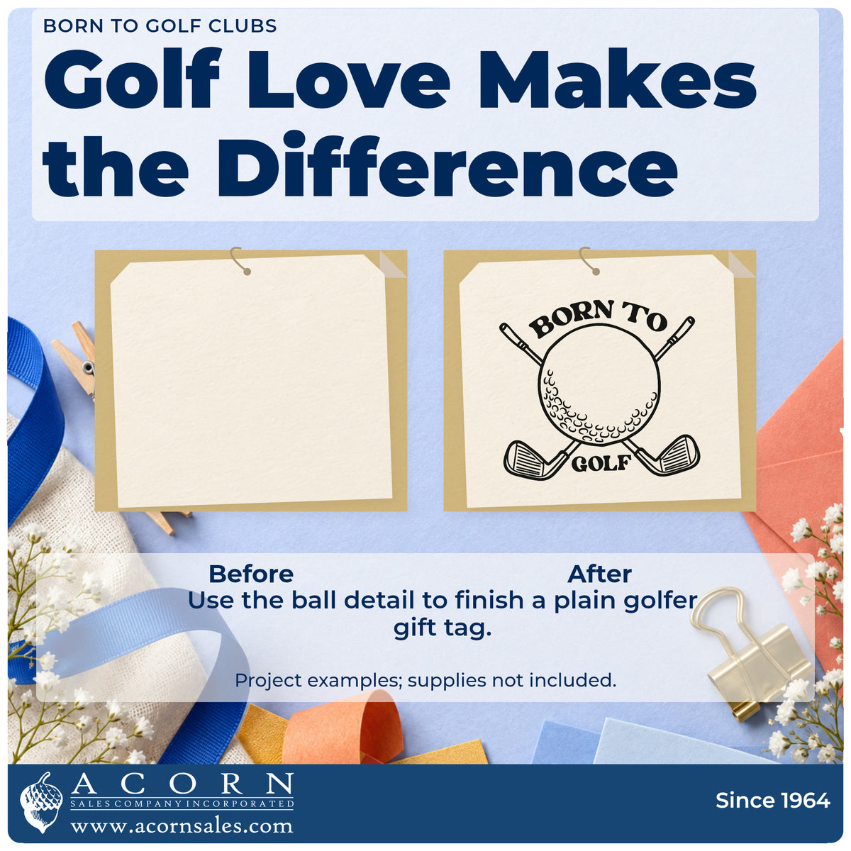 Before and after of a plain item finished with the Born To Golf Clubs Self-Inking Stamp, a quick upgrade for framed club foyer.