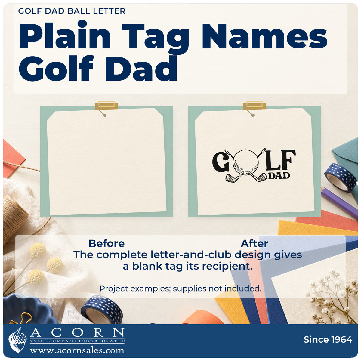 Before and after of a plain item finished with the Golf Dad Ball And Clubs Typography Rubber Stamp – Duo Hand, a quick upgrade for framed back porch.