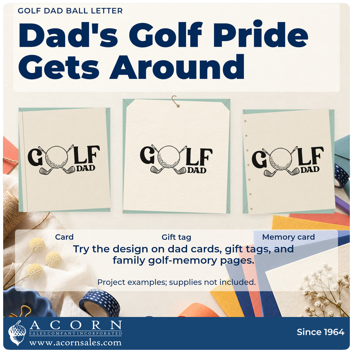 Three project examples made with the Golf Dad Ball And Clubs Typography Pre-Inked Stamp – PSI, including nine hole sheet.