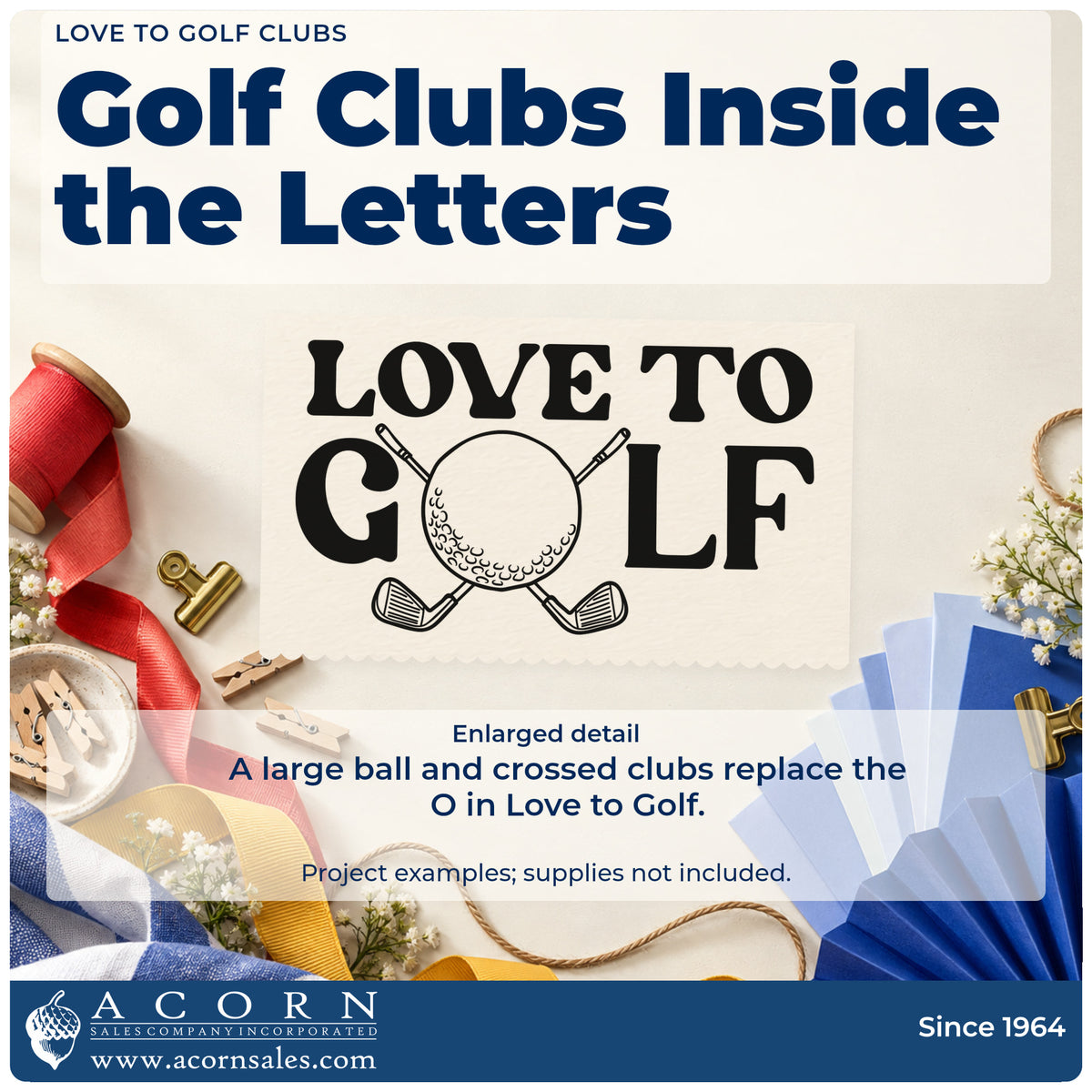 Enlarged detail of the Love To Golf Ball And Clubs PSI Pre-Inked Stamp imprint. LOVE TO GOLF uses a large golf ball and crossed clubs in place of the O.