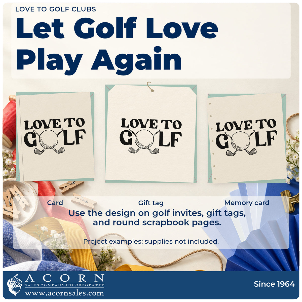 Three project examples made with the Vintage Pro Love To Golf Ball And Clubs Premium Wooden Stamp, including round book sheet.