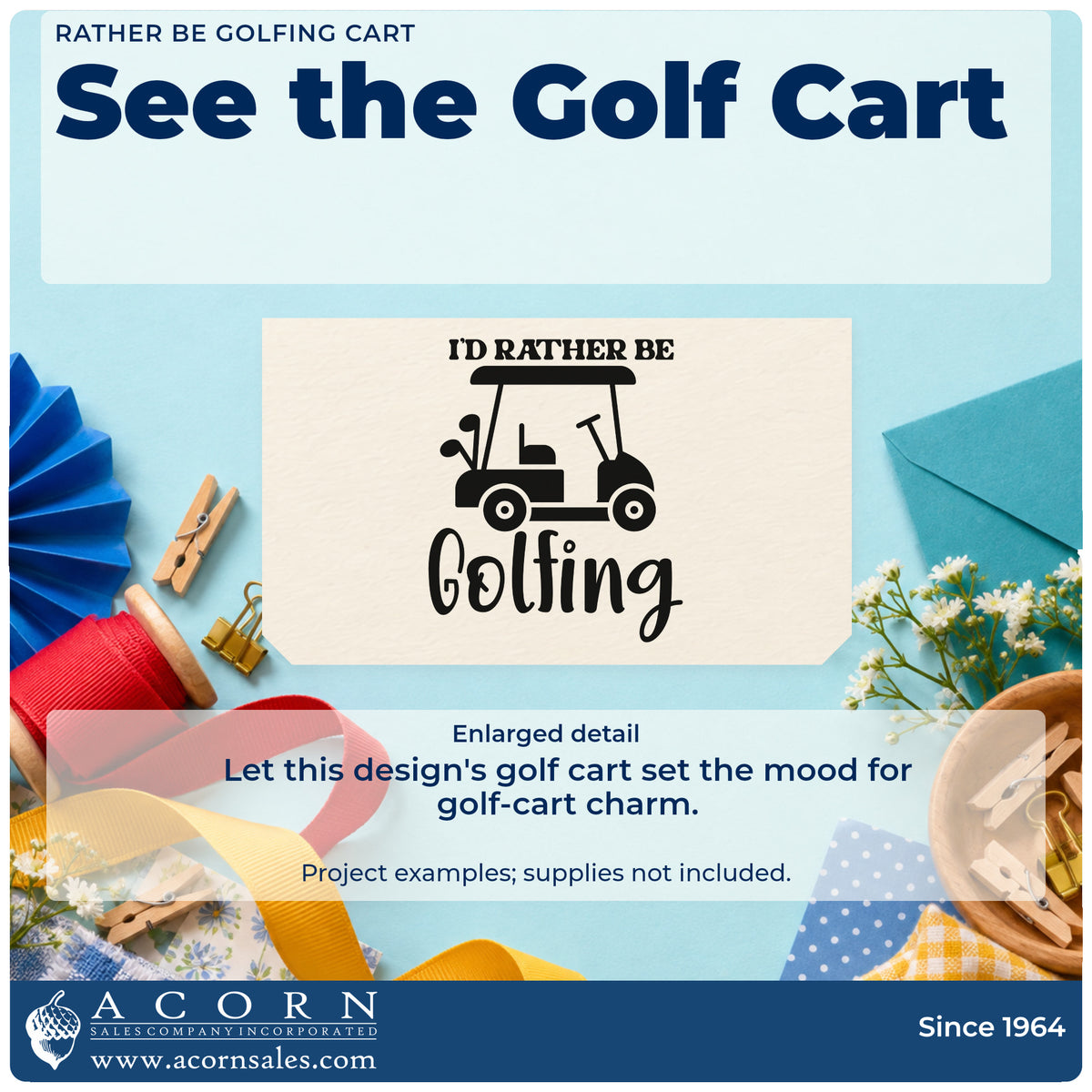 Enlarged detail of the PSI Pre-Inked Rather Be Golfing Cart Stamp imprint. I'D RATHER BE Golfing appears around a golf cart silhouette.