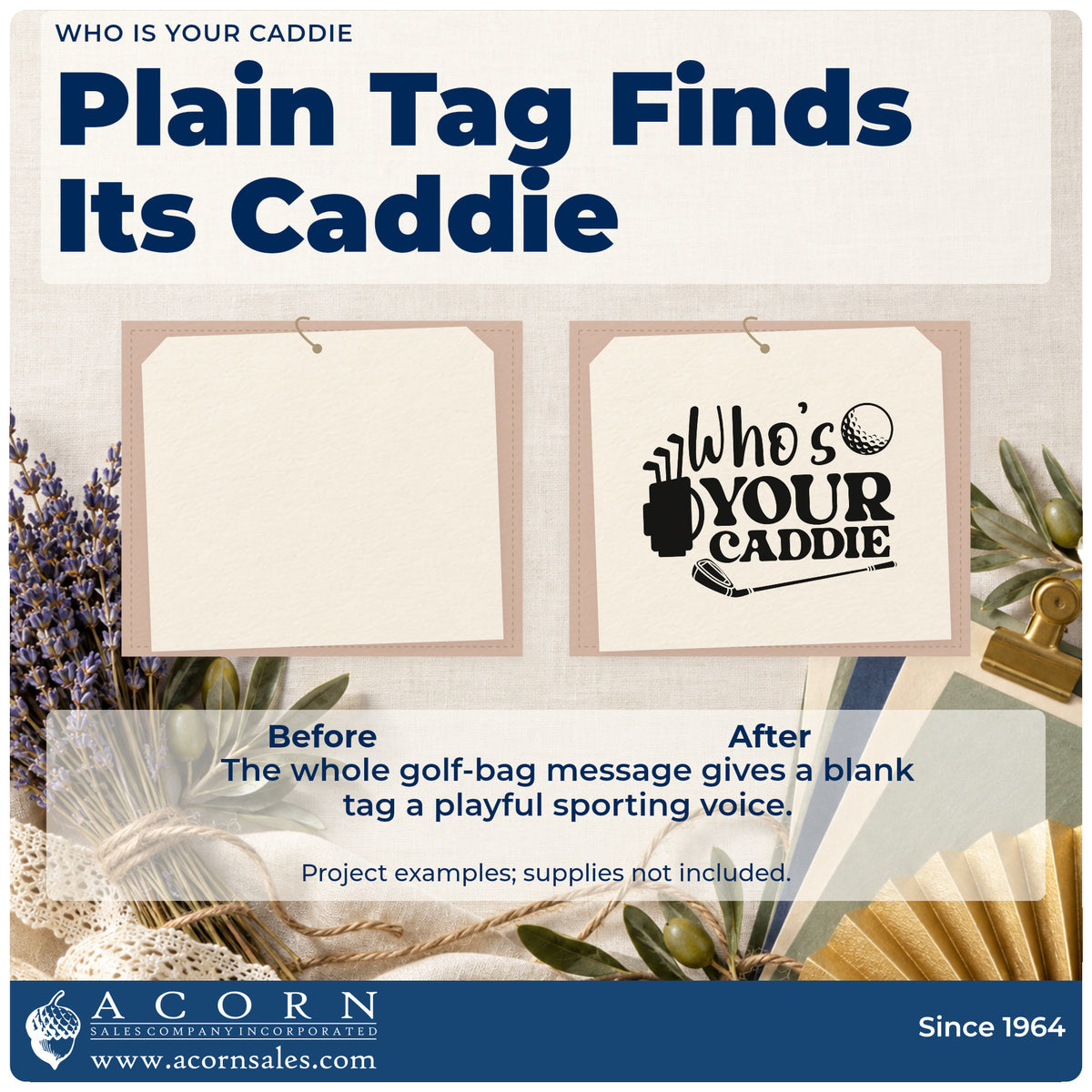 Before and after of a plain item finished with the Who Is Your Caddie Rubber Stamp – Duo Hand, a quick upgrade for framed caddie shack.
