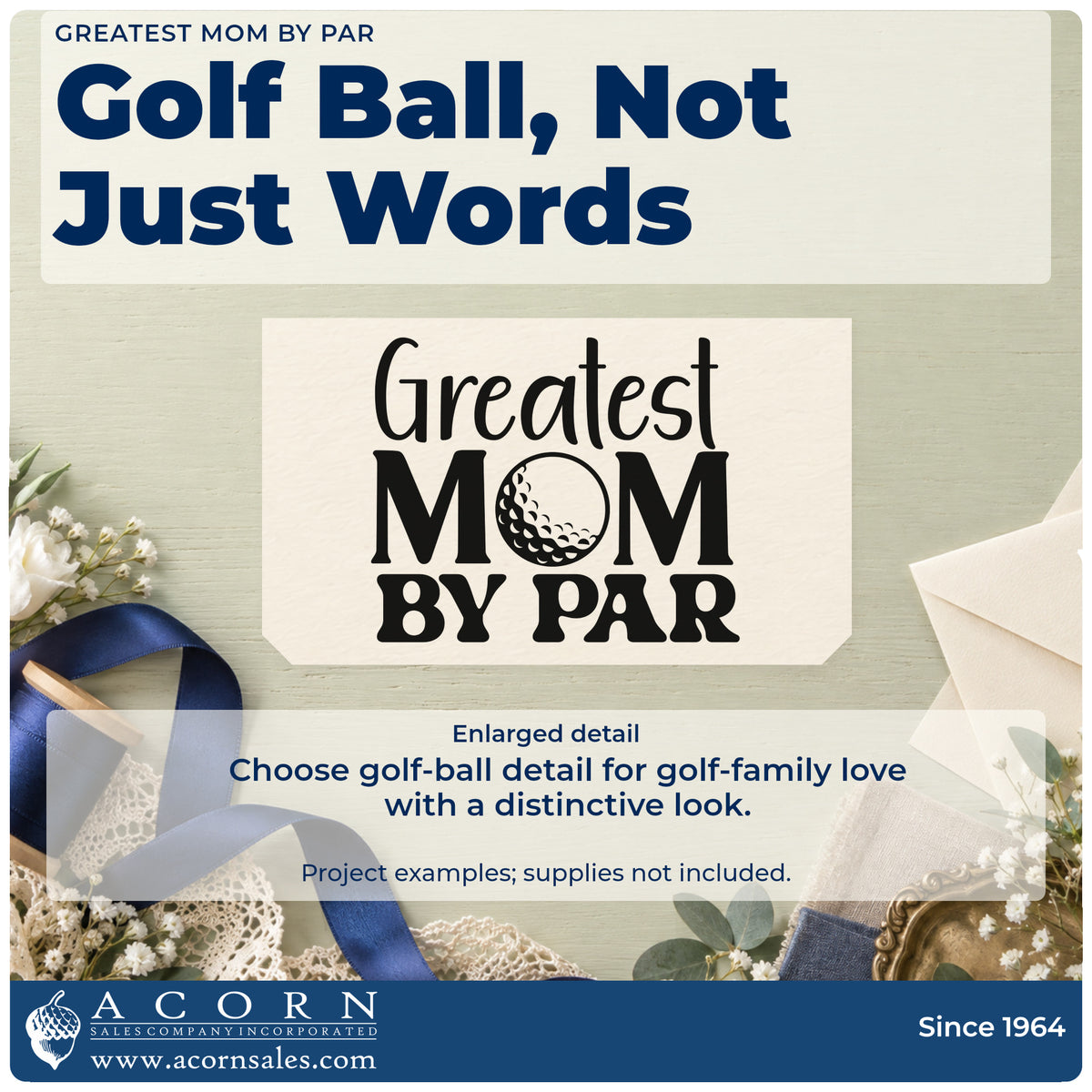 Enlarged detail of the Greatest Mom By Par Golf Ball PSI Pre-Inked Stamp imprint. Greatest MOM BY PAR uses a golf ball in place of the O.