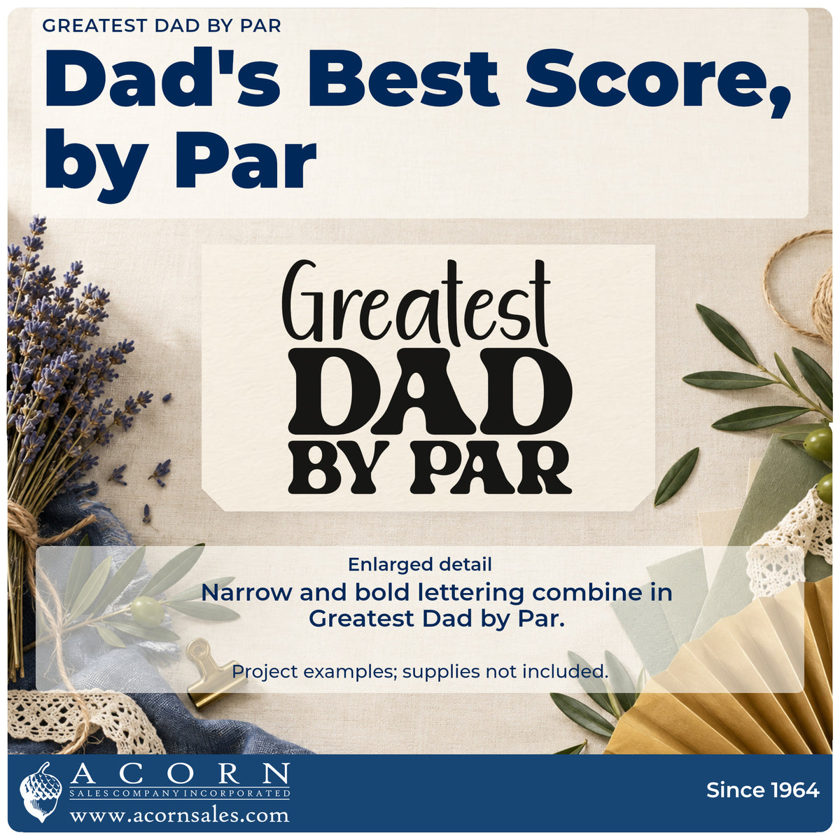Enlarged detail of the Greatest Dad By Par Premium Wood-Mounted Stamp – Vintage Pro imprint. Greatest DAD BY PAR appears in mixed narrow lettering and bold capitals.