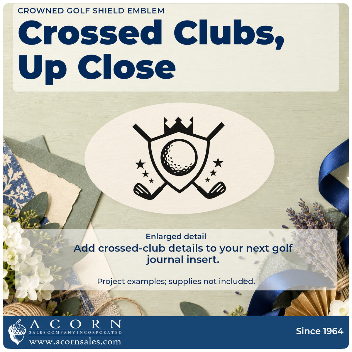 Enlarged detail of the Crowned Golf Shield Emblem Premium Wooden Stamp – Vintage Pro imprint. A crowned shield containing a golf ball sits over crossed clubs with stars at the sides.