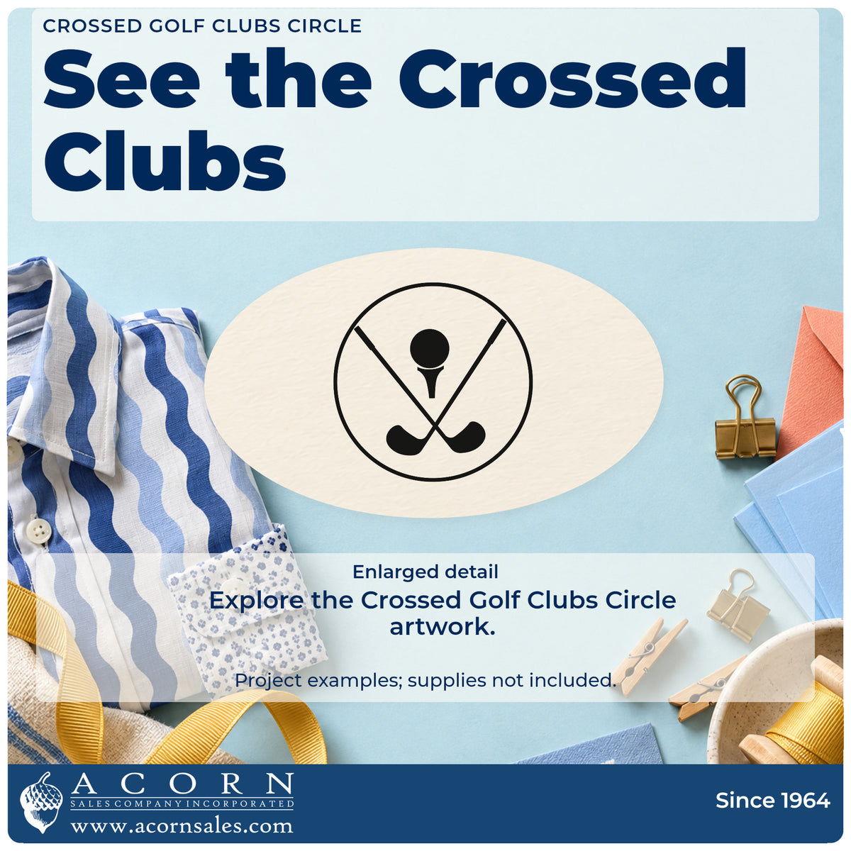 Enlarged detail of the Crossed Golf Clubs Circle Hand Stamp – Duo imprint. Two crossed golf clubs and a ball on a tee sit inside a circular border.