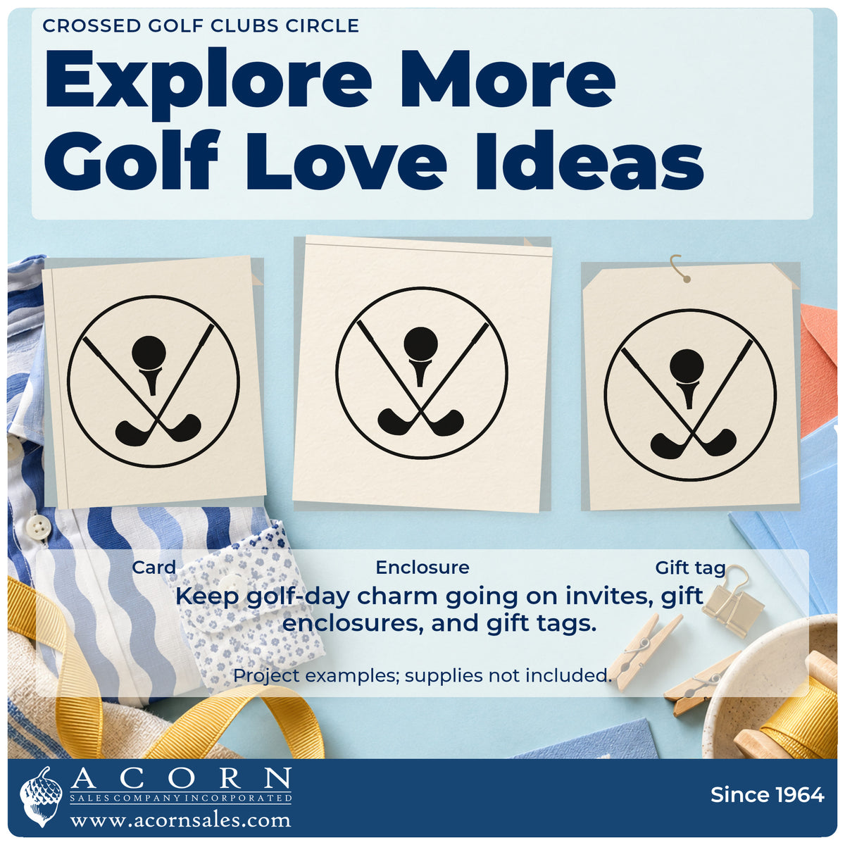 Three project examples made with the Crossed Golf Clubs Circle PSI Pre-Inked Stamp, including weekly result sheet.