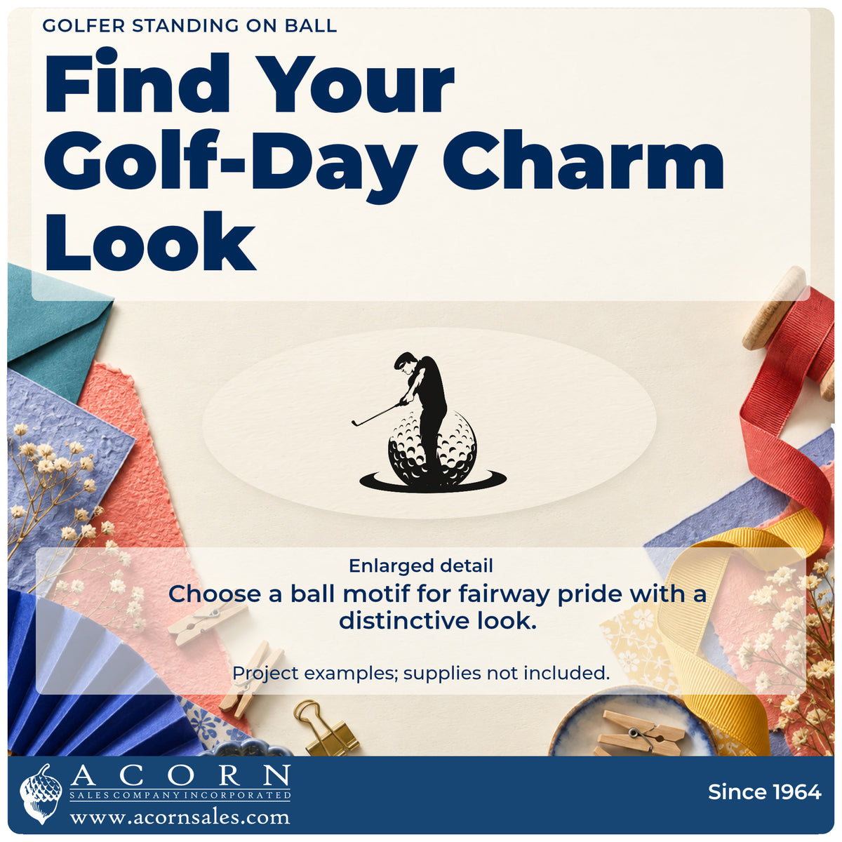 Enlarged detail of the Swinging Golfer Over Dimpled Ball Self-Inking Stamp imprint. A golfer silhouette swings a club while standing over a giant dimpled golf ball and oval shadow.