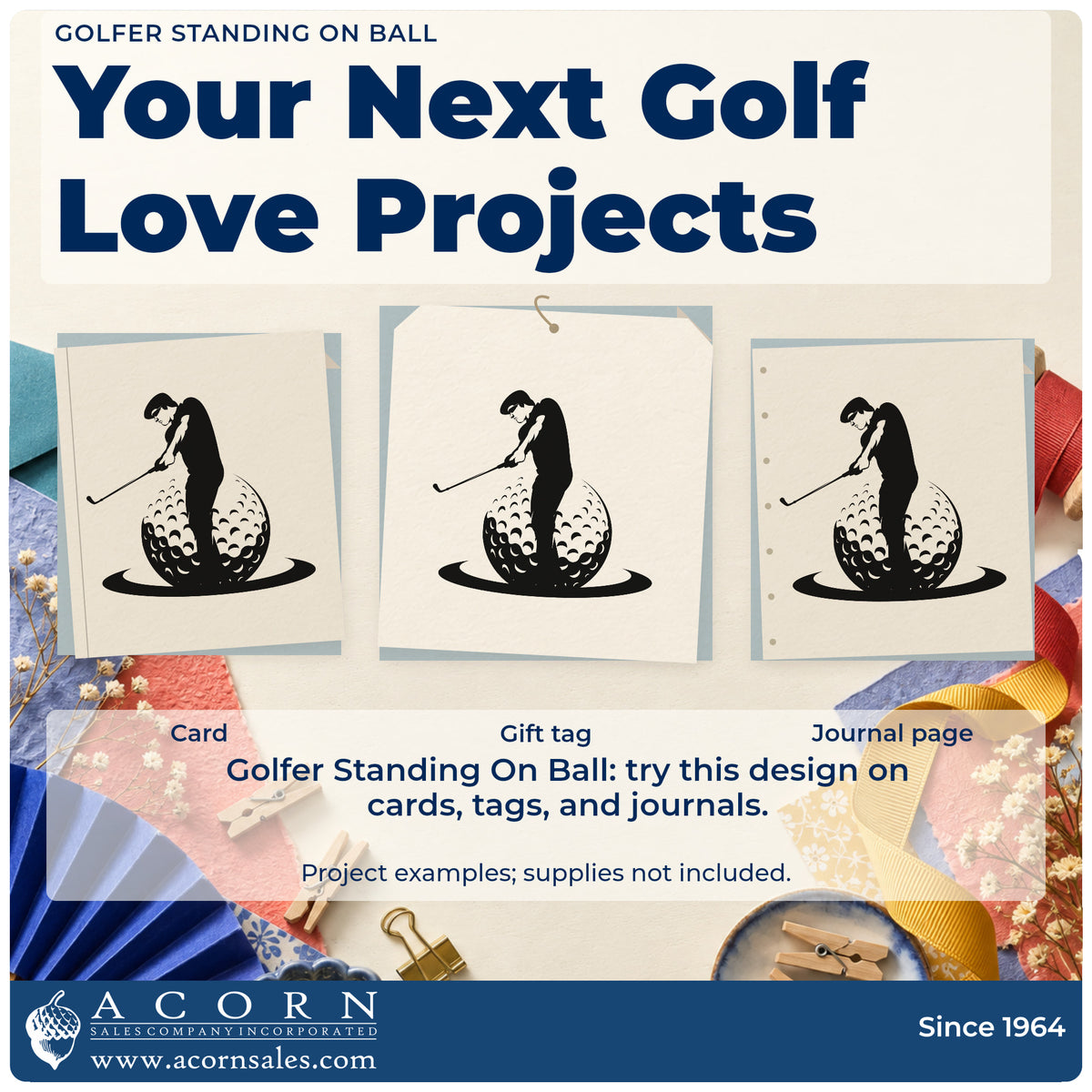 Three project examples made with the Swinging Golfer Over Dimpled Ball Self-Inking Stamp, including swing change sheet.