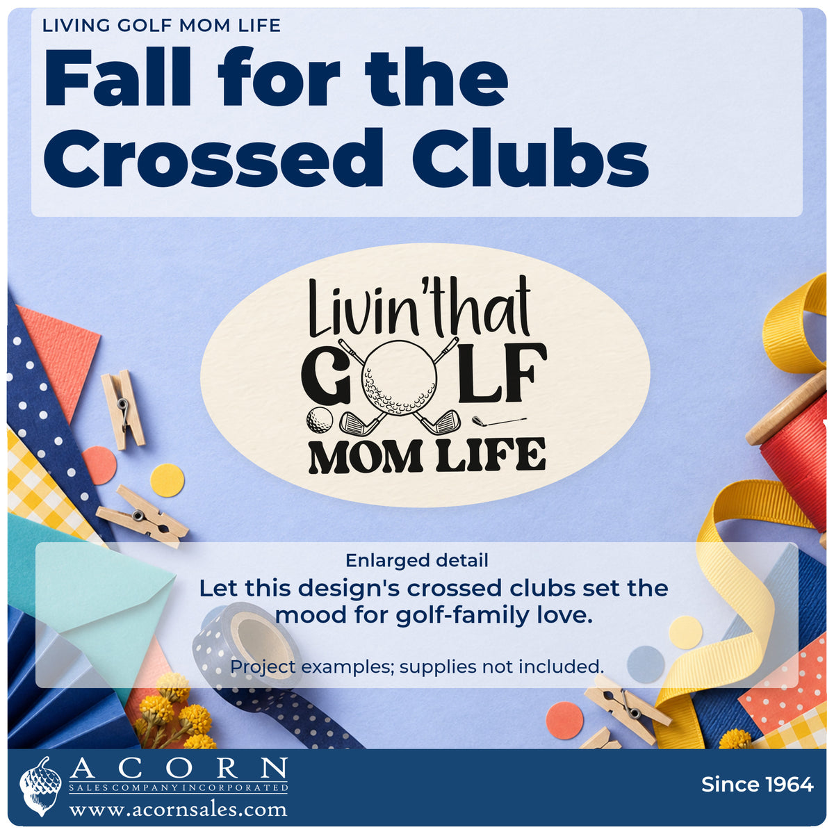 Enlarged detail of the Living Golf Mom Life Craft Stamp – Self-Inking imprint. Livin' that GOLF MOM LIFE uses a golf ball and crossed clubs in the word GOLF.